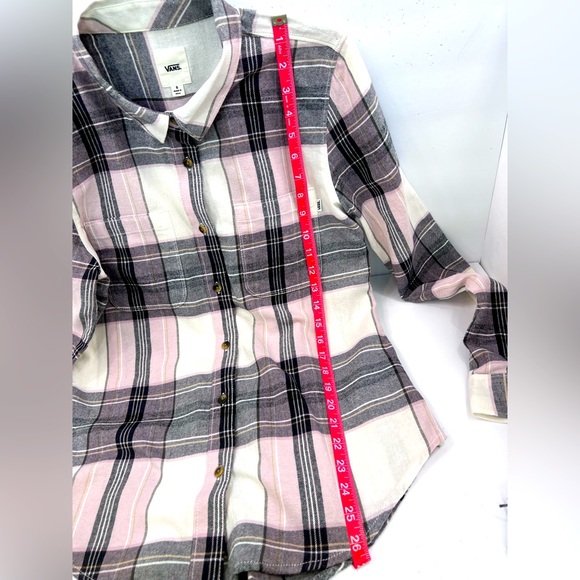 VANS, SMALL (S), FLANNEL LADIES LONG SLEVES SHIRT, BEIGE BASE GREY GREEN LINES - Picture 11 of 13